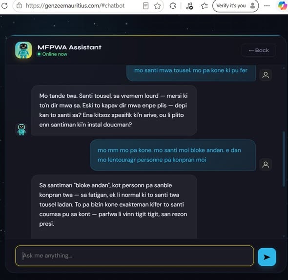 The GenZee chatbot answering a young person's questions in Mauritian Kreol